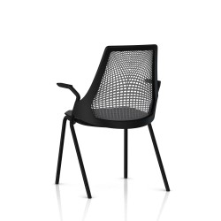 Chaise visiteur Sayl Side Chair Herman Miller Noir / 4 Pieds - Patins / Dossier Suspension Slate Grey / Assise Tissu Krabi