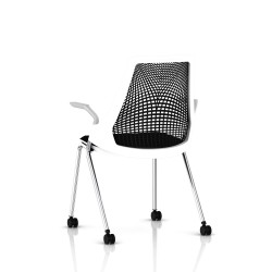 Chaise visiteur Sayl Side Chair Herman Miller Chrome / 4 Pieds - Roulettes / Dossier Suspension Noir / Assise Tissu Havana