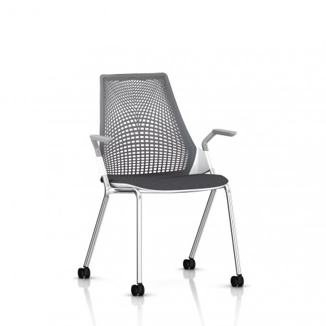 Chaise Sayl Side Chair Herman Miller Chrome / 4 Pieds - Roulettes / Dossier Suspension Slate Grey / Assise Tissu Krabi
