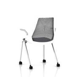 Chaise Sayl Side Chair Herman Miller Chrome / 4 Pieds - Roulettes / Dossier Suspension Slate Grey / Assise Tissu Krabi