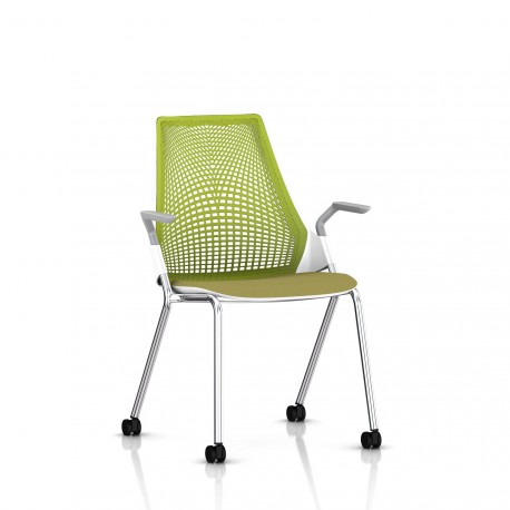 Sayl Side Chair Herman Miller Chrome / 4 Pieds - Roulettes / Dossier Suspension Green Apple / Assise Tissu Appledore